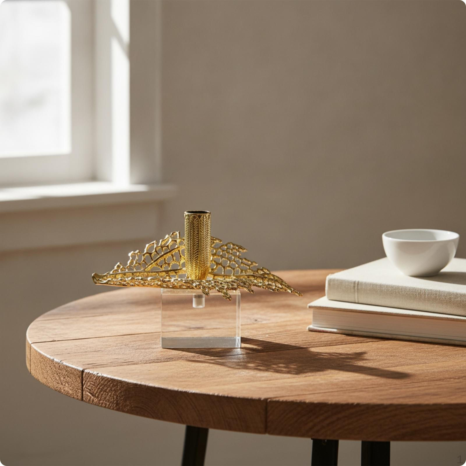 Candle Holder with Acrylic Golden FinishTone Metal Openwork Decor for Living Room, Rz9113s