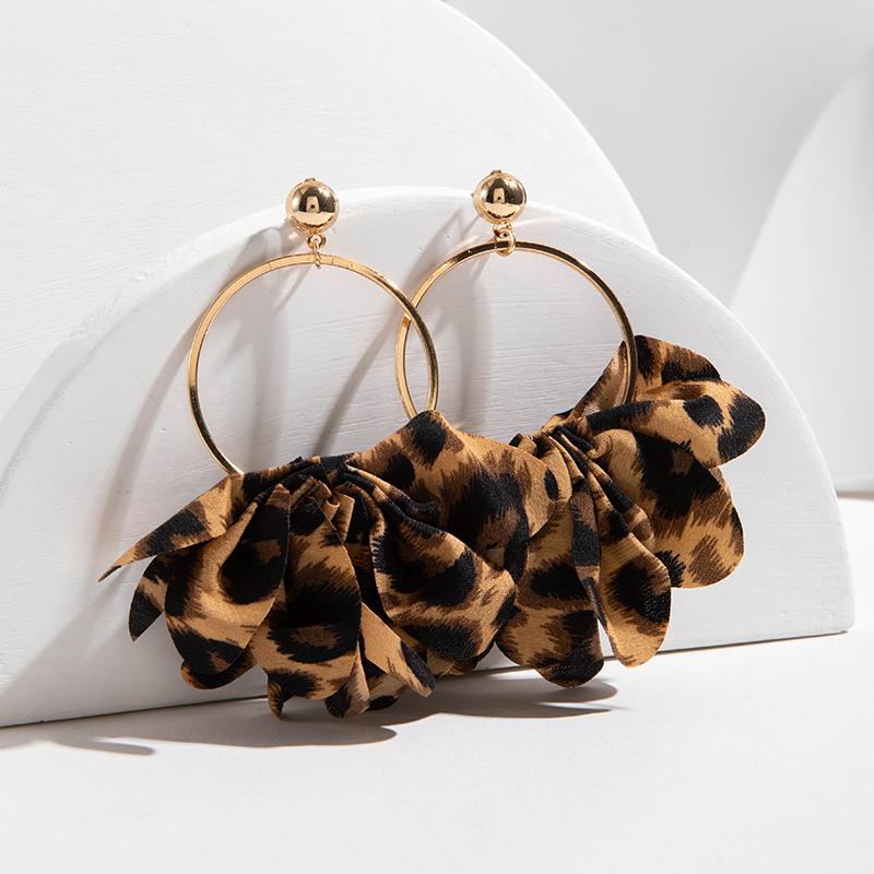Brincos Pendentes de Argola de Ferro com Estampa de Leopardo Marrom Preto e Flor da Moda para Mulheres Joias Estilo Temperamento Maduro