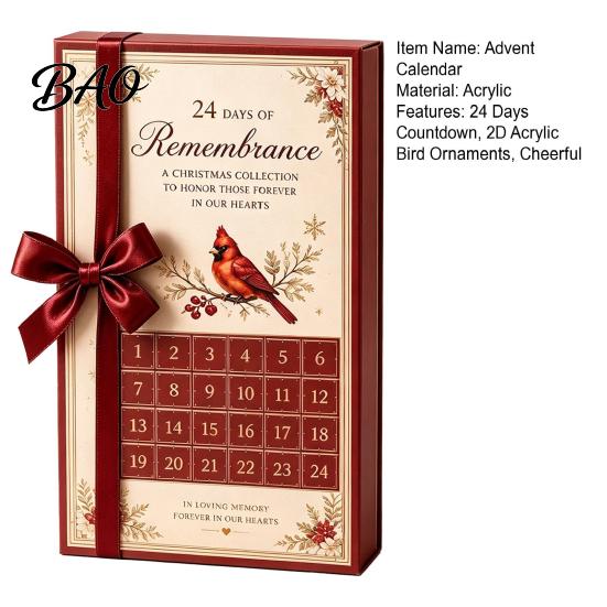 Christmas Tree Hanging Ornaments Red Bird 24-Day Countdown Calendar, 2D Acrylic Advent Holiday Decoration, Gift for Lovers Calendar