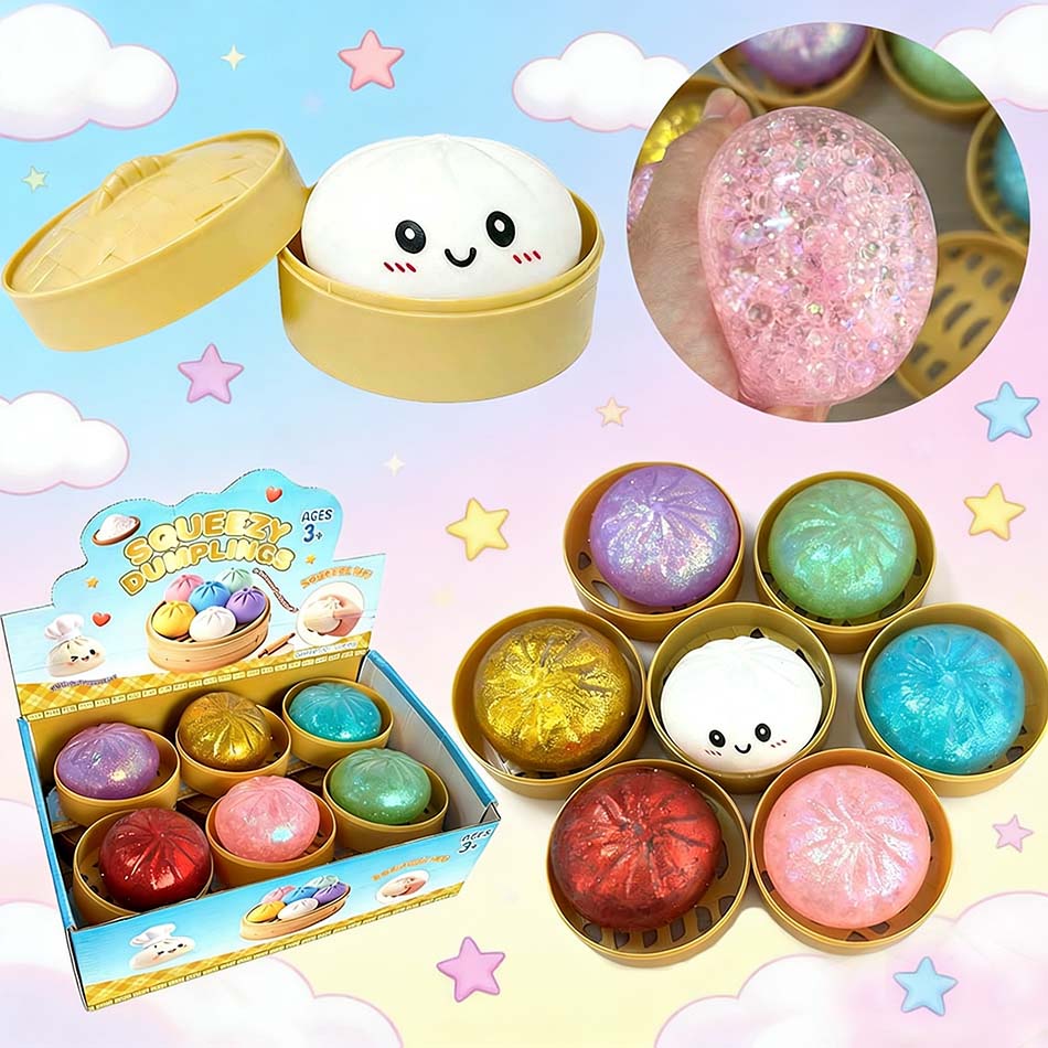 6 Styles Dumpling Stress Balls Fidget Sensory Toy Simulation Food with Little Steamer Squeeze Dough Ball Stress Relief Hand Toy