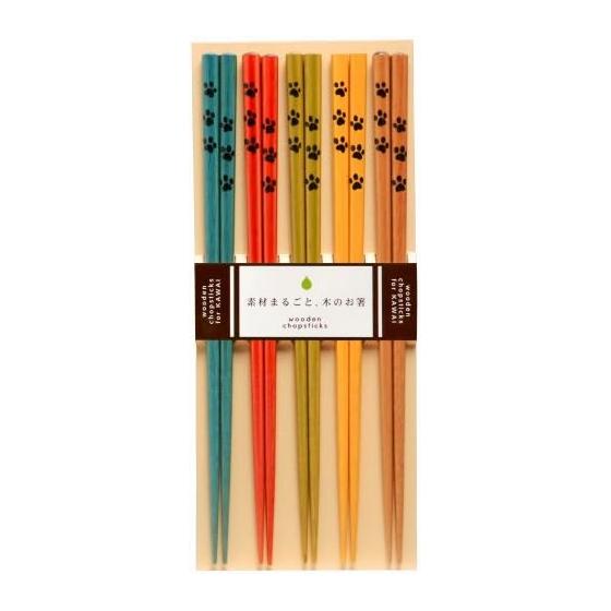 Kawai Chopsticks Nyan-Te 5-Pair Set, 23cm, Natural Wood, Non-Slip Tip, Dishwasher Safe, Cat Paw Mark