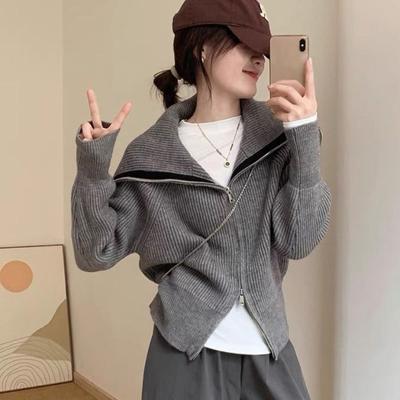 Design Sense Polo Neck Zipper Sweater Cardigan Women 2023 Autumn Long Sleeve Edition Knitwear Sweater Cardigan Female Tops