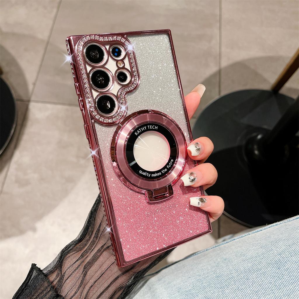 Samsung 25 Ultra Mobile Phone Case Rhinestone Flash Powder Electroplated Magnetic Bracket for Women's Model Suitable for S24 Soft Shell Anti Fall