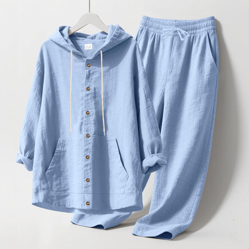 Men's Spring   Casual Linen Beach Hooded Shirt Long-sleeved Trousers Suit