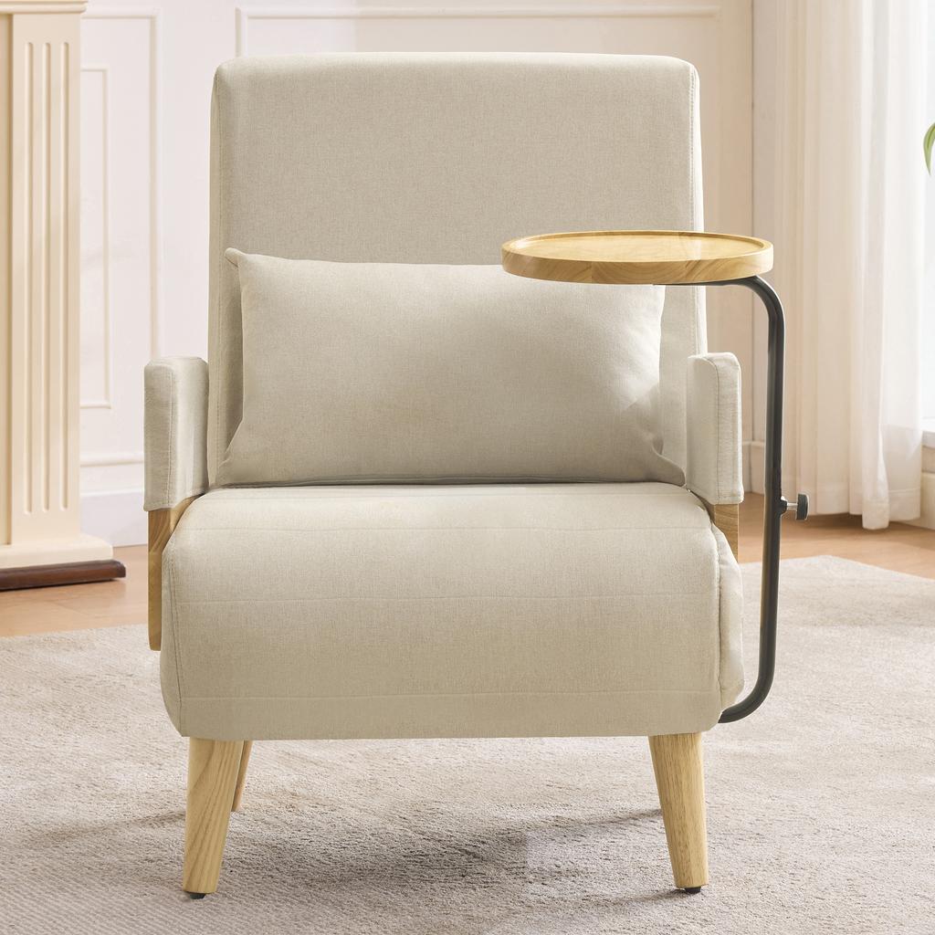 3-in-1 Convertible Chair with Sleep Function, Wooden Tray, Padded Folding, Lounge Chair, Single Bed, Suitable for Living Room, Bedroom, Office, Etc.