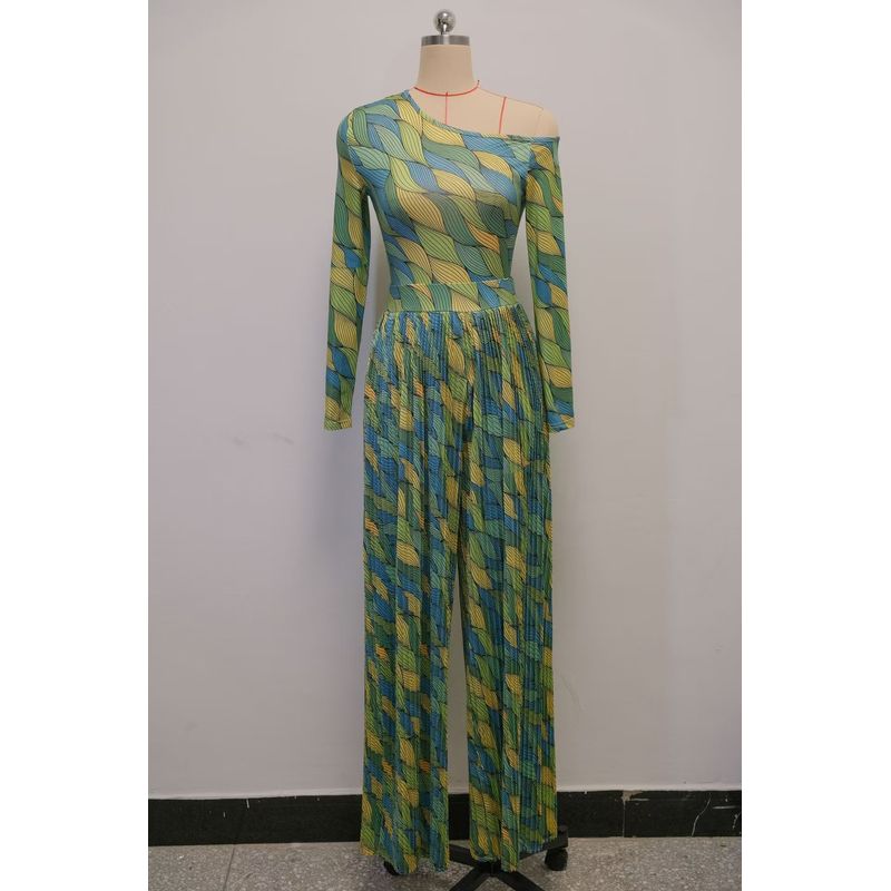 

European American Fashion Floral Print Diagonal Collar Long Sleeves Tops Loose Pants Suit Printed Top and Pants Set Green Print XXL