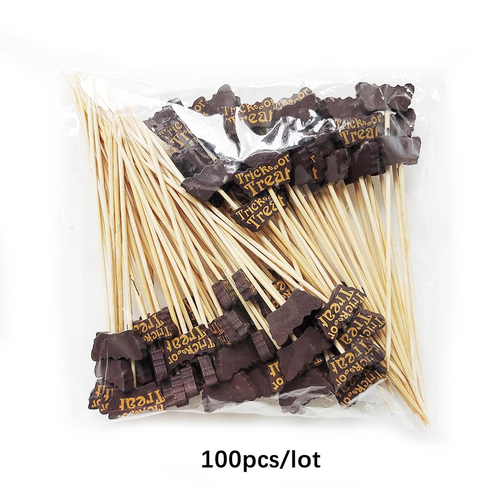 100Pcs Halloween Pumpkin Skewers Bamboo Picks Fruit Forks Buffet Dessert Toothpicks Ghost Bat Halloween Party Decoration