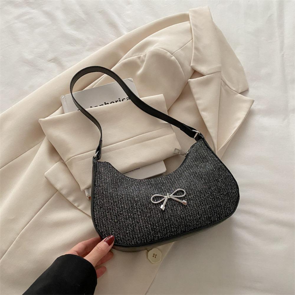 Shiny Underarm Tote Bag Solid Color Women Handbag Simple Bowknot Shoulder Bag Girls