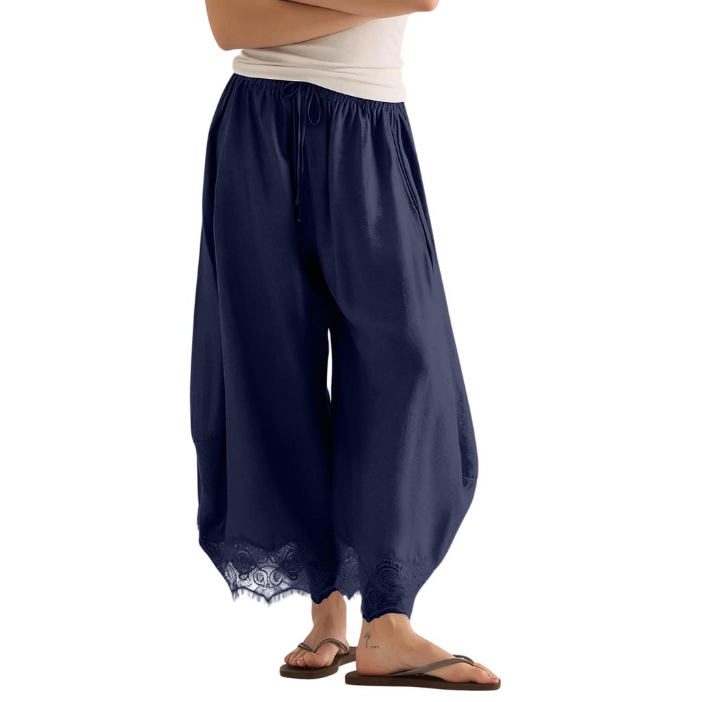 Women's Casual Wide Leg Pants Elastic Waistband Drawstring Bottom Hem Lace Trim Palazzo Trousers for Everyday Wear