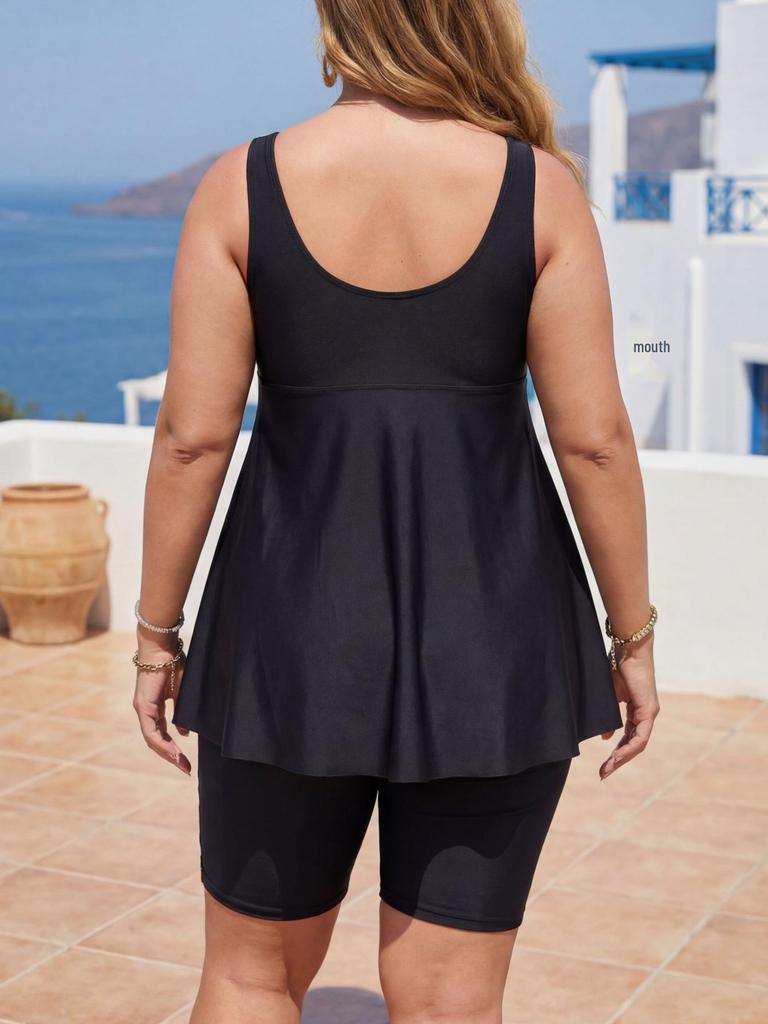 Grote Maat Dames Zwart Vuurwerk Tankini Zwembroekrok & Bedrukt Broekje Set