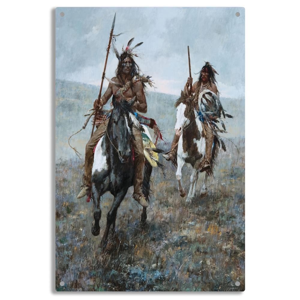 

Vintage Native American Warriors on Horses Metal Tin Sign Wall Art Decor 20x30cm（7.8x11.8inch）