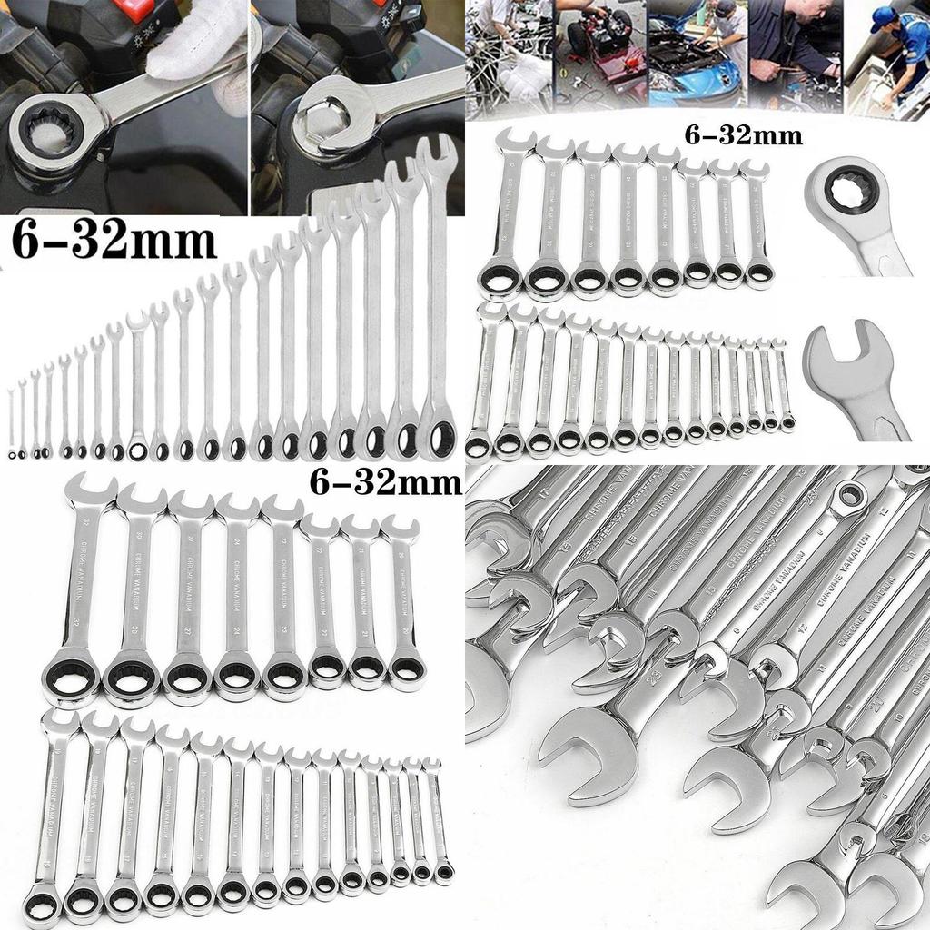 6mm-32mm Wrench Chrome Vanadium Steel Fixed Head Metric Ratchet Spanner**