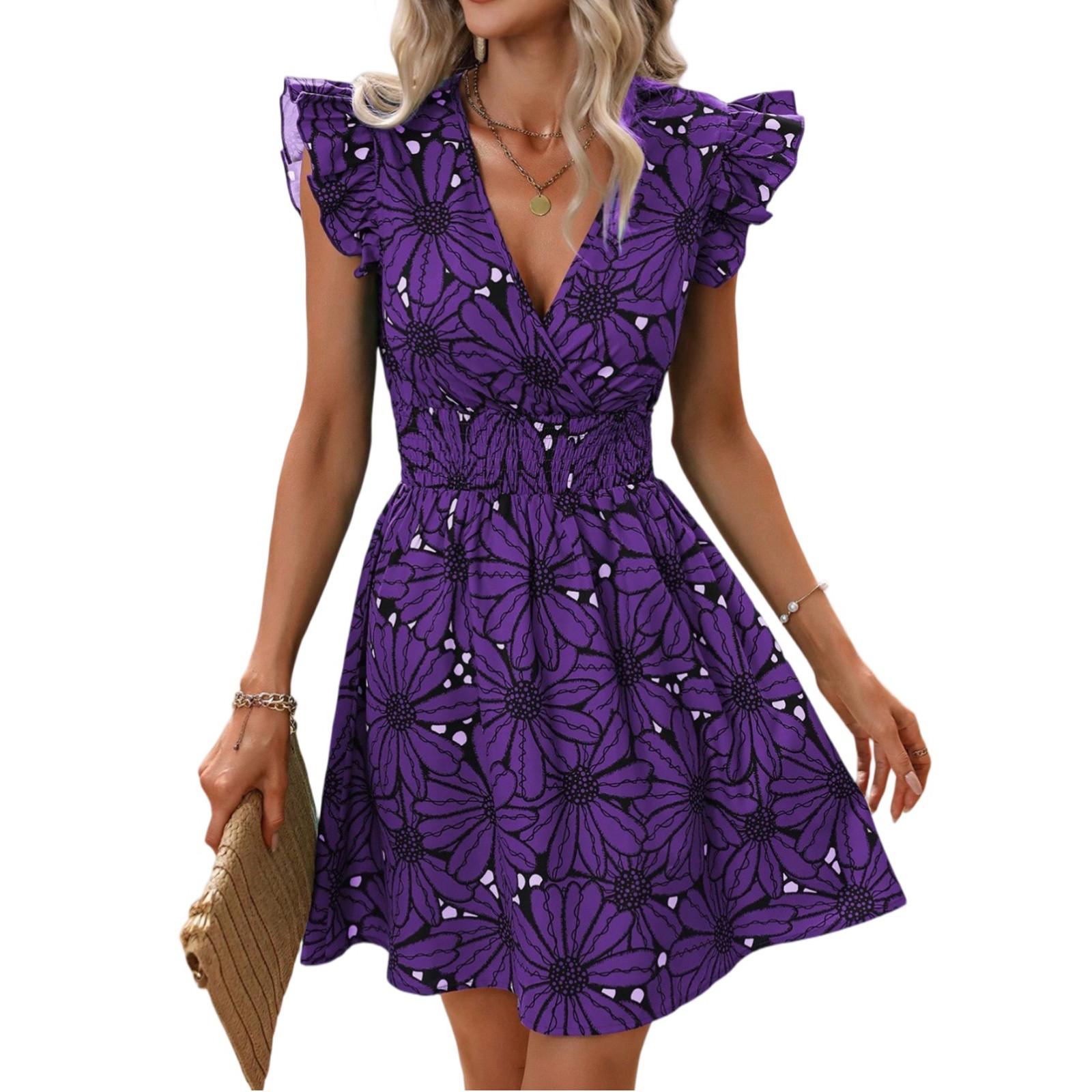 

Женские платья с V-образным вырезом и талией, сексуальные, с большими цветочными оборками, без рукавов S фиолетовый