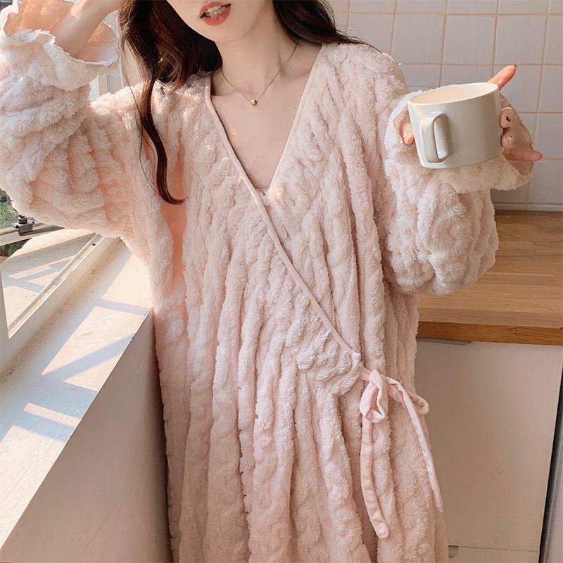 Woman Winter Loungewear Thick Fleece Robe Girls Long Warm Homewear Women Solid Soft Bathrobe Teen Comfortable Home Clothes Lady