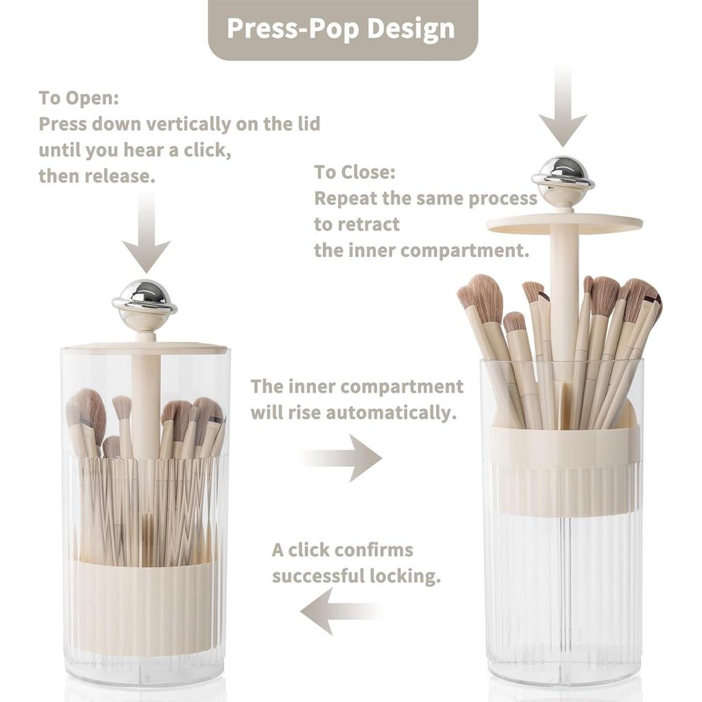 Upgraded Press-Pop Makeup Brush Holder One-Touch Open Dustproof Organizer With Clear Lid For Vanity Desktop Bathroom 2 Colors