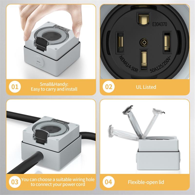 B67A 50Amp Power Outlet Box,125/250Volt NEMA 14-50R Receptacle Outdoor Dustproof and Weatherproof for Electric Vehicles