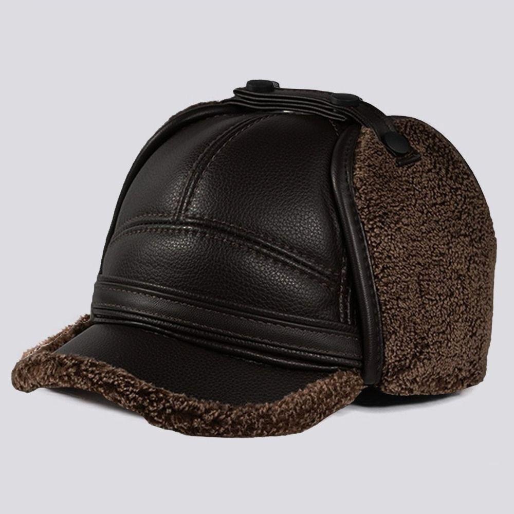 New PU Leather Men's Earmuffs Cap Thickened Outdoor Warm Baseball Cap Windproof Elderly Hat Autumn Winter