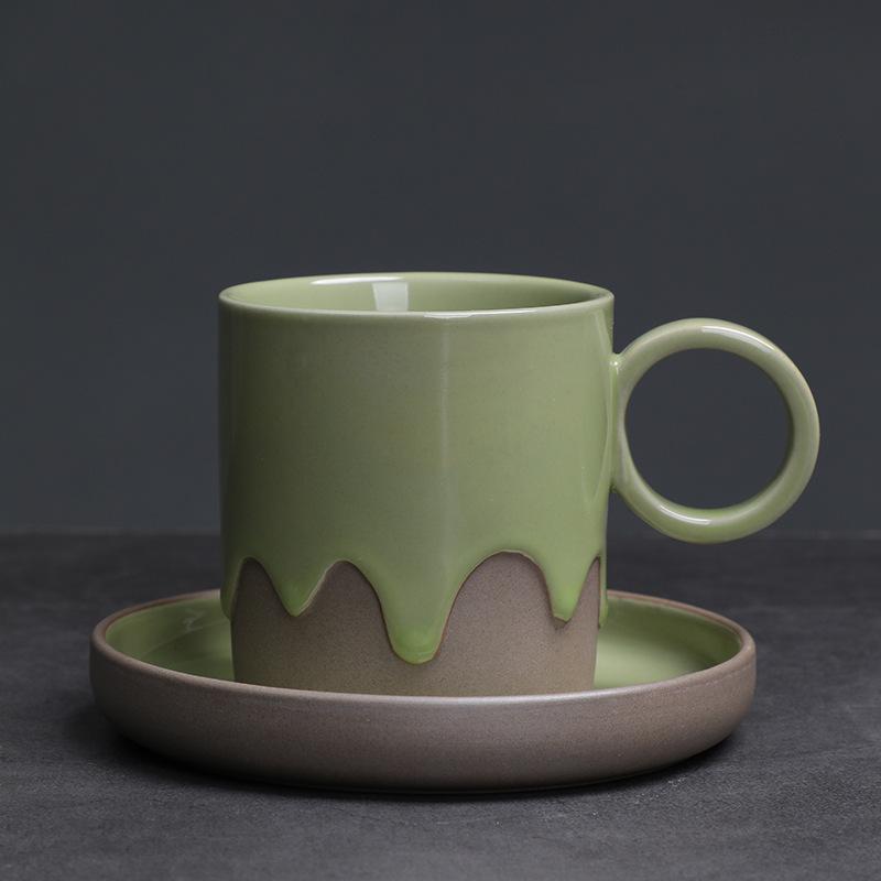 Vintage Glasierte Kaffeetasse und Untertasse Set Grobkeramik Latte Zuhause Kreativer Keramikbecher Wasserbecher Dekoration Heimtasse 200ML
