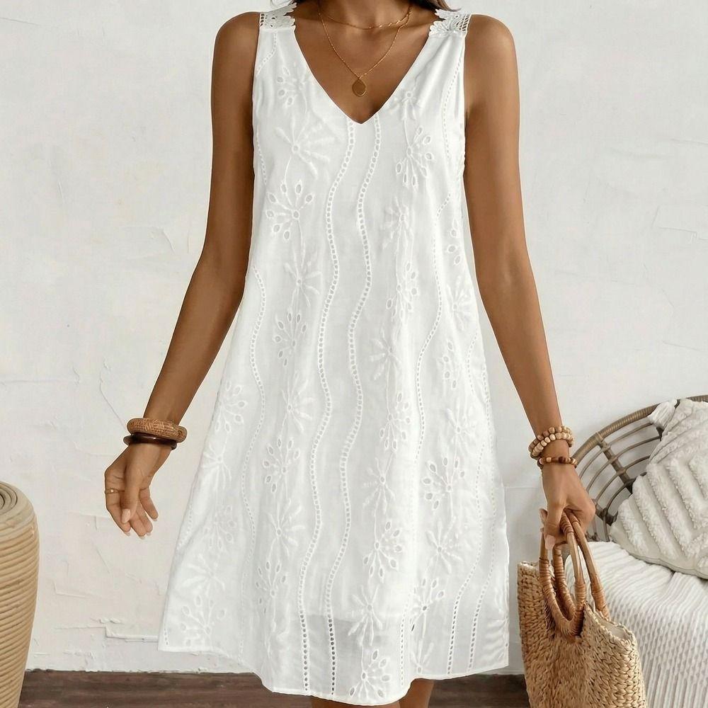 A-line Summer Casual Skirt Embroidery Solid White Dress Fashion V-Neck Lace Dress Spring Summer