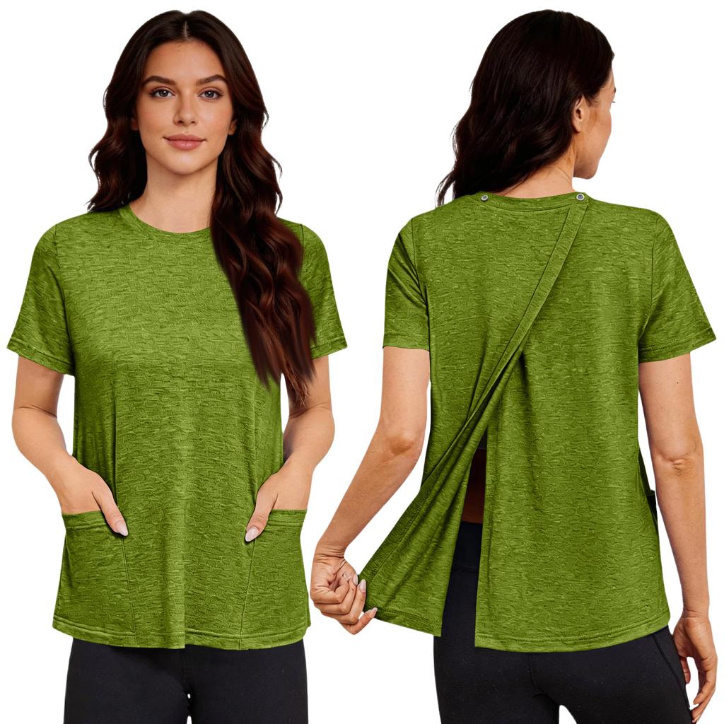 Camicia da donna post-operatoria a maniche corte colorata con chiusura posteriore e tasca