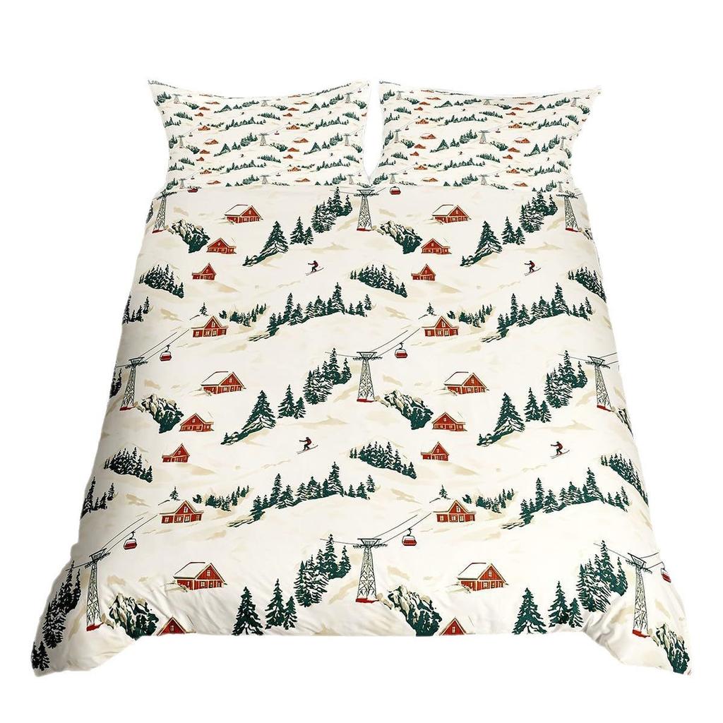 Ski Theme Duvet Cover Green Pine Cable Car Bedding Set Country Style Three-Piece Set