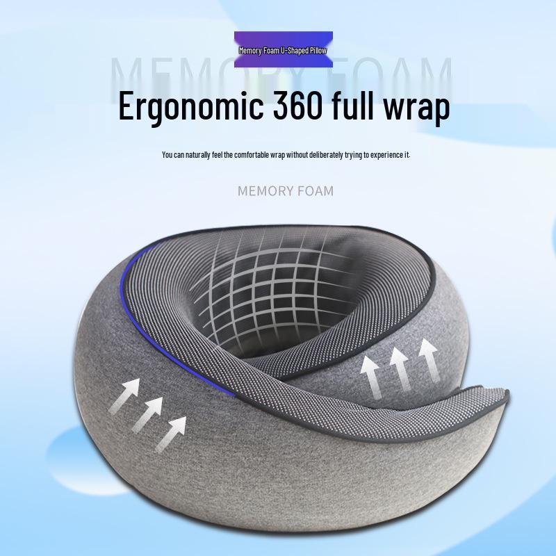 U-Shaped Memory Foam Travel Neck Pillow - No Head Tilt Support for Airplane and Office Use