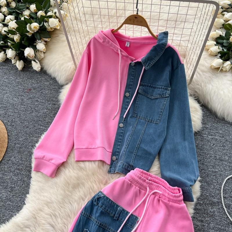 Womens Casual Two-Piece Set: Hooded Color-Block Top High-Waisted Wide-Leg Denim Pants 2025