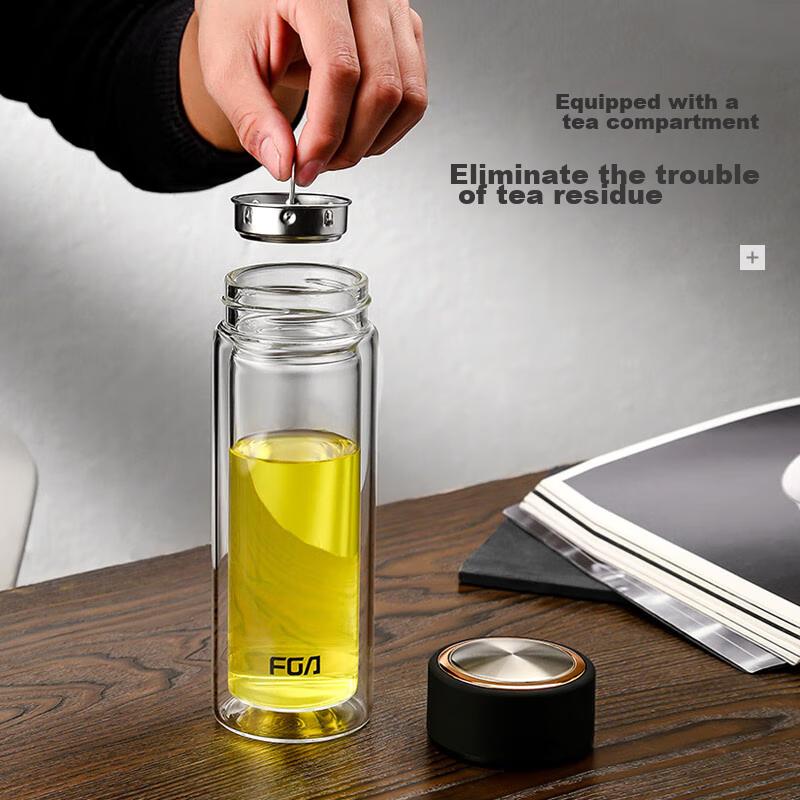 Fuguang Double-Layer Glass Cup for Men And Women, High Borosilicate Glass 304 Tea Strainer Cup with Tea Infuser, 320ml
