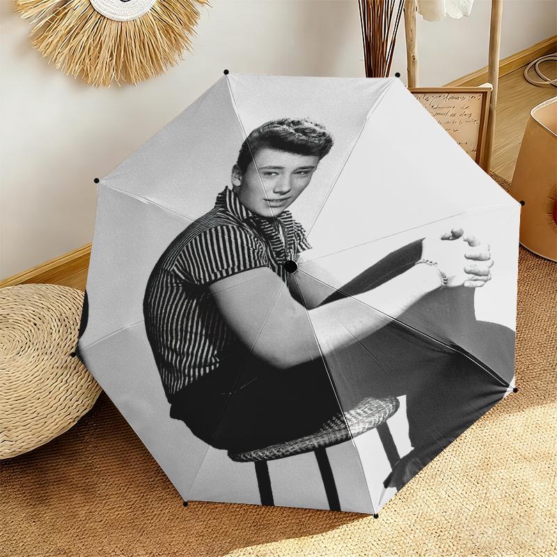 1pc Johnny Hallyday Retro Poster Umbrella Portable Folding Umbrella Iron Frame Hole Bone Structure Outdoor Home Umbrella