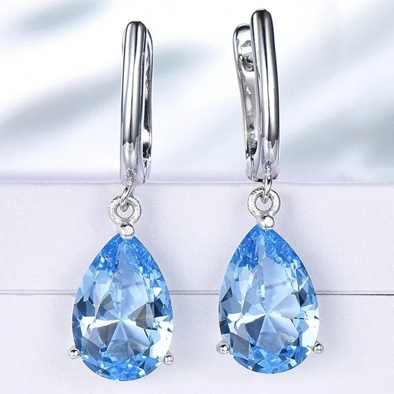 925 Sterling Silver Topaz Drop Earrings for Women High Quality Gemstone Simple Blue Emerald Wedding Party Fashion Jewelry Gift