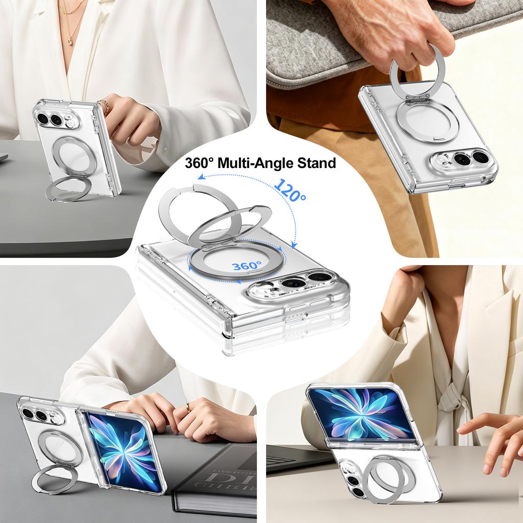 For iPhone Duo Case For Magsafe Transparent Magnetic Rotating Holder Hinge With Tempered Film Shockproof Back Cover Accessories