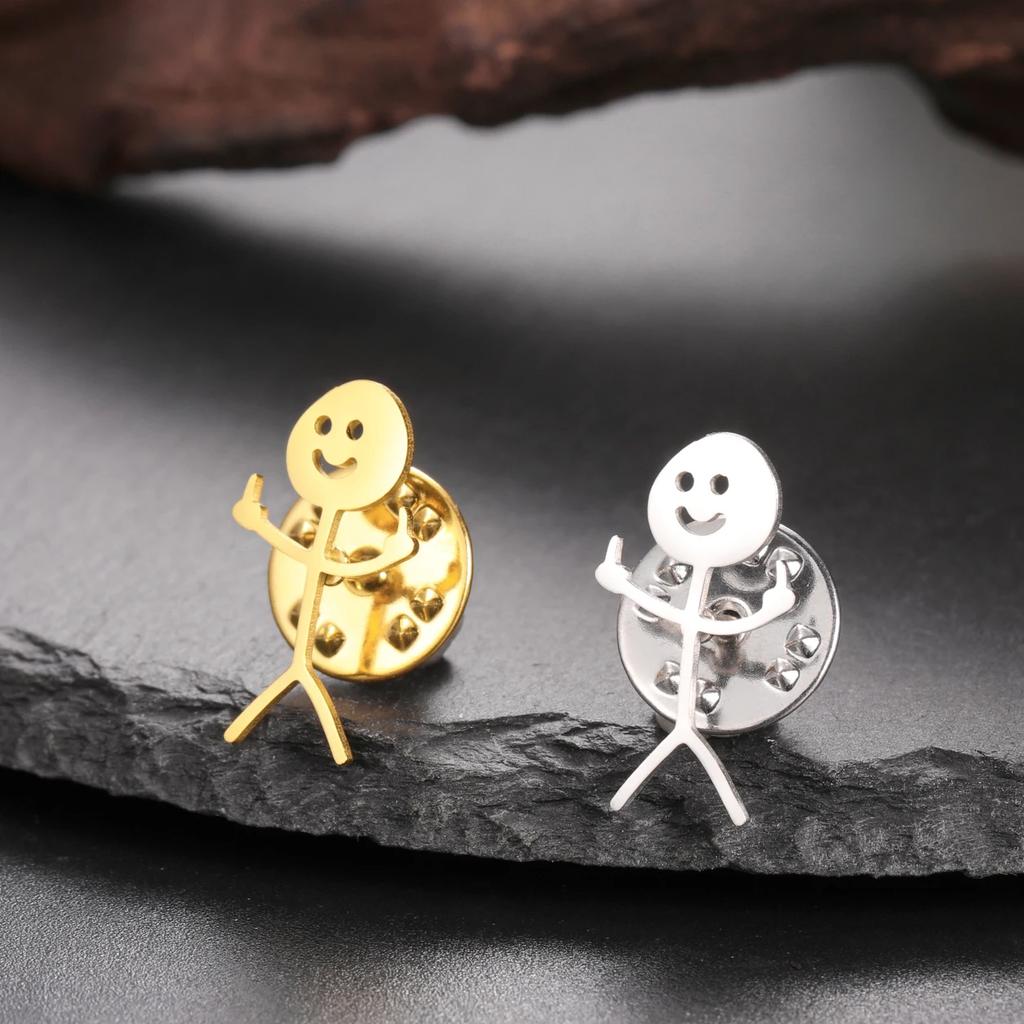 Skyrim Middle Finger Stickman Brooch for Men Women Punk Hip Hop Stainless Steel Pins Badge Accessories Friends Gift Wholesale