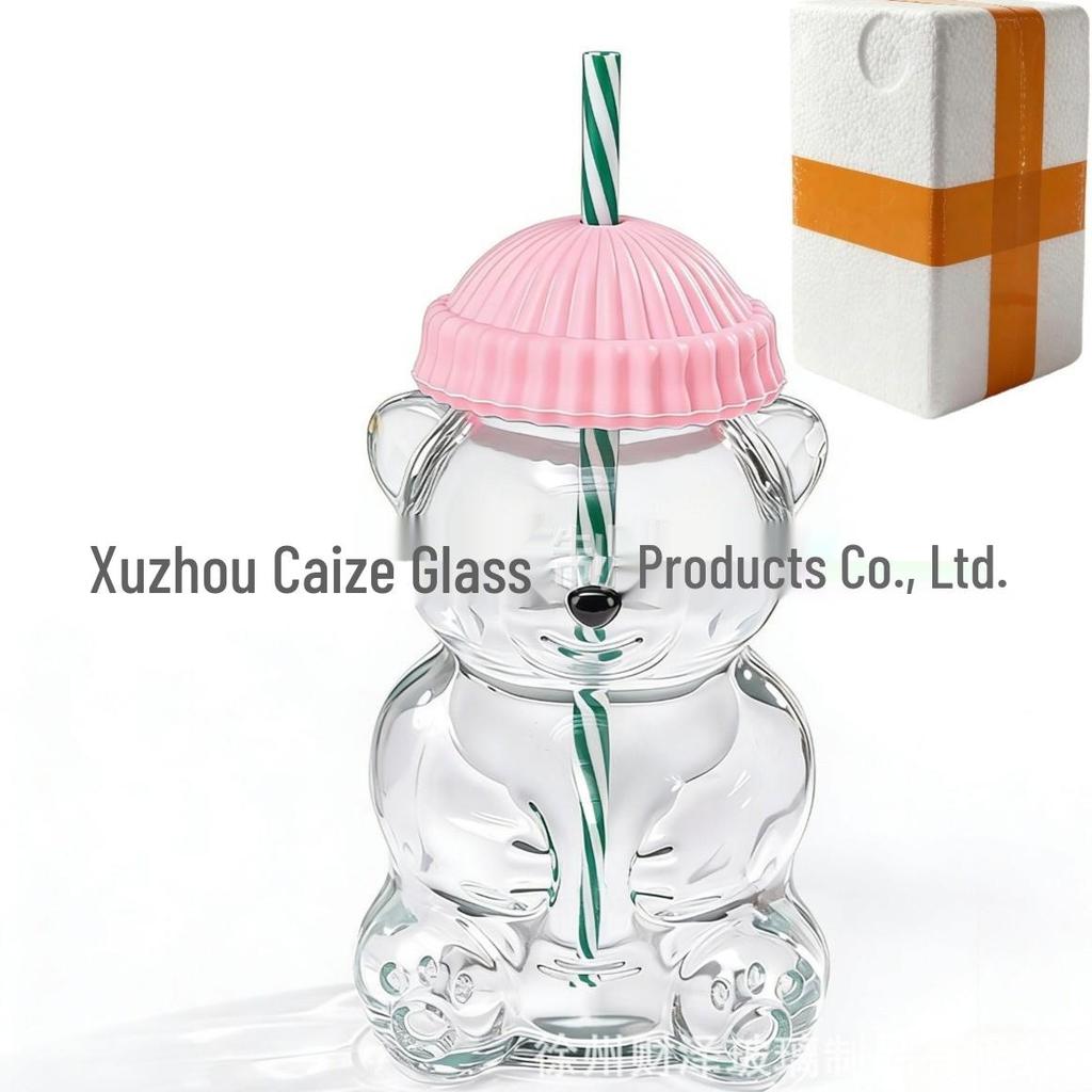 Teddy Bear Cartoon Glass Straw Cup - Cute Christmas Edition