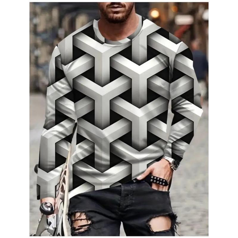 T Shirts for Man Geometric Block 3D Print Autumn Long Sleeve T-Shirt Pullover Casual Male Tops Street Lightweight Men's Clothes