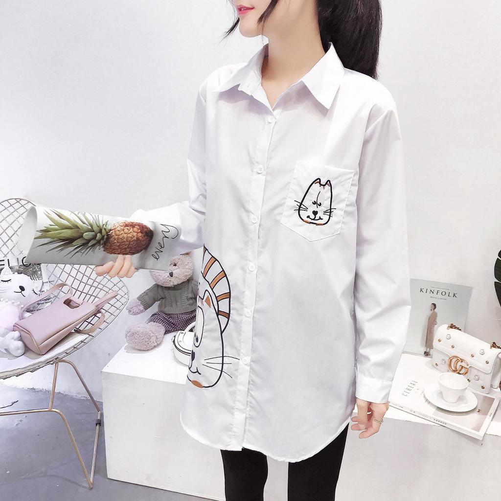 Damen Locker Geschnittenes Mittellanges Bedrucktes Weißes Hemd - Herbst Koreanischer Stil