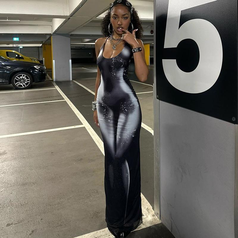 Spring Print Fashion Halter Slim Sexy Halter Lace-up Long Dress