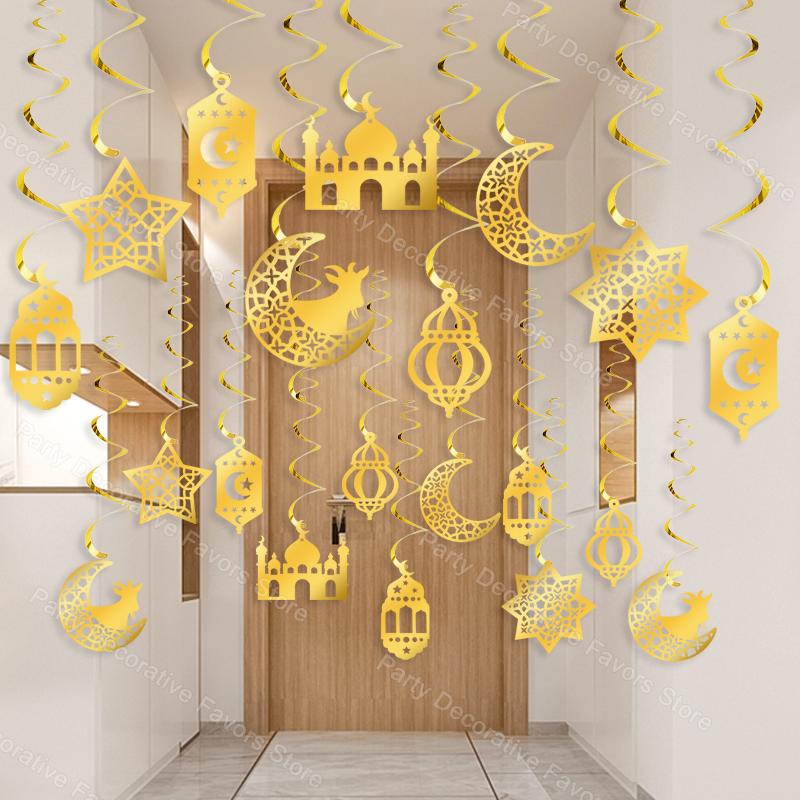 8pcs Ramadan Hanging Swirl Ornaments Eid Mubarak Moon Star Mosque Streamer Garland 2025 Islamic Muslim Party Home Decoration