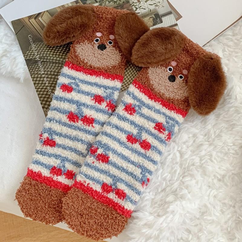 Cartoon Sausage Dog Coral Fleece Socks For Women Middle Tube Thickened Sleep Socks Home Floor Socks