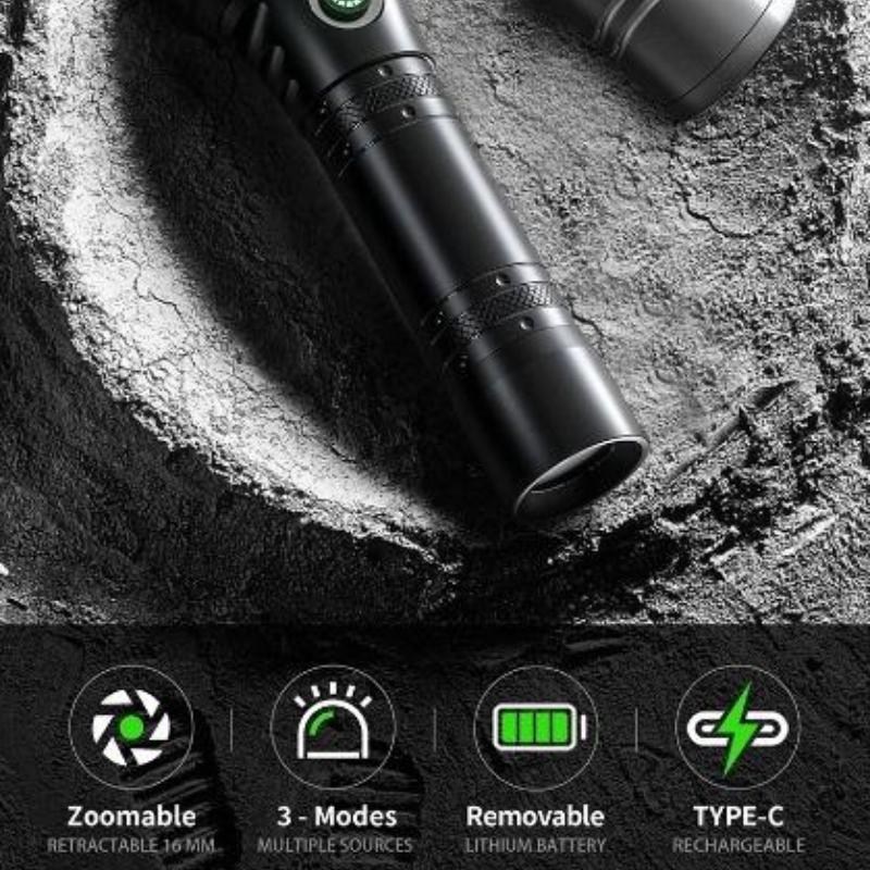 Aluminum Alloy Laser Flashlight USB-C Rechargeable 1200mAh Battery Long Range Beam Underwater Diving Hunting Search Light