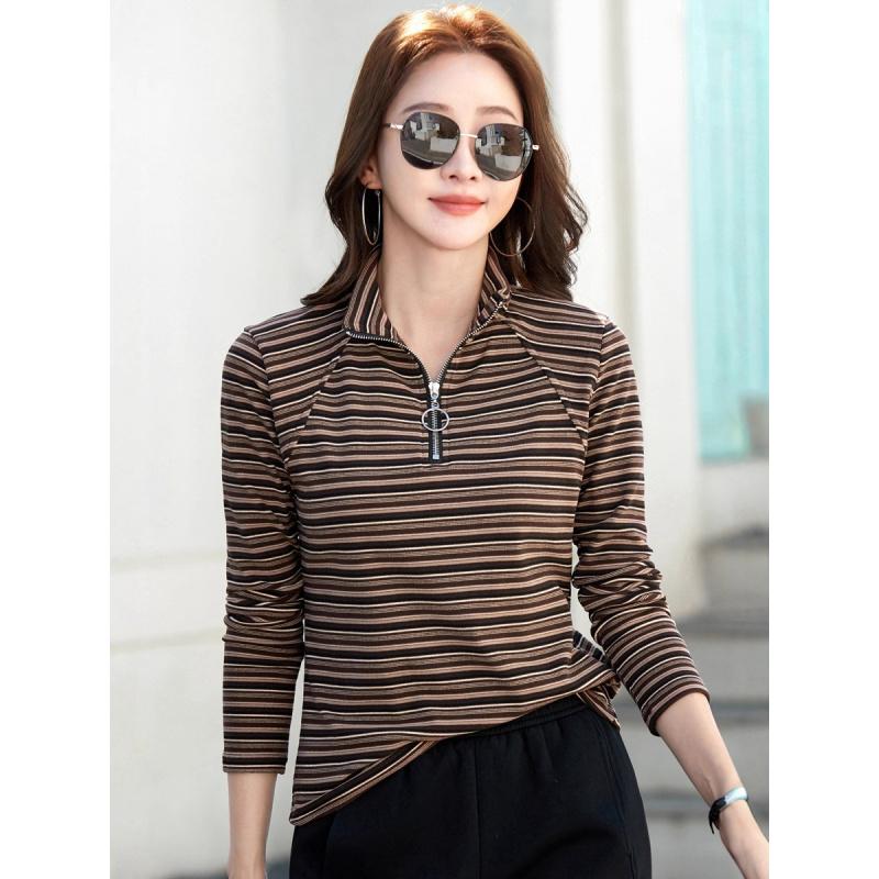 Herbst Reißverschluss Retro Gestreift Langarm Basic Shirt Schmale Passform Vielseitiges Lässiges Oberteil Damen Neues Modisches Oberteil