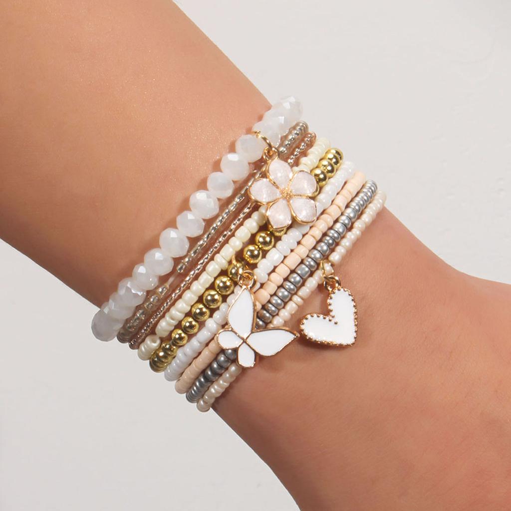 Fashion Heart-shaped Butterfly Flower Pendant Bracelet Bohemian Seed Bead Stacked Bracelet Women's Summer Beach Party Zircon