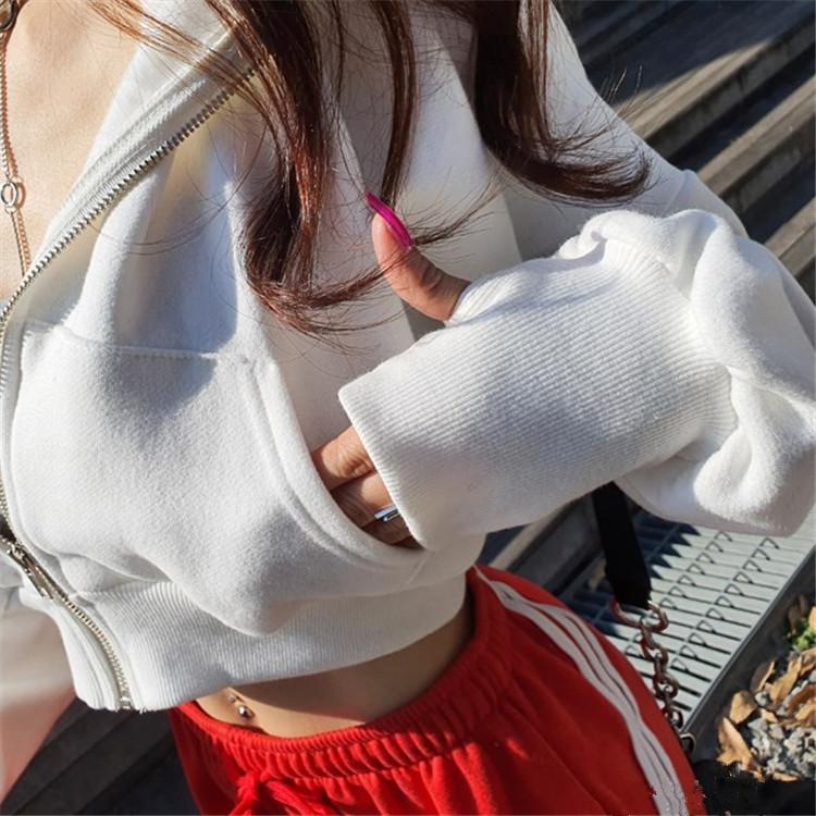 Korejská šik mikina s kapucí na zip Dámská móda Kpop Ležérní Jednobarevné Ustřižené Mikiny s kapucí Tenký top s dlouhým rukávem Y2k Streetwear