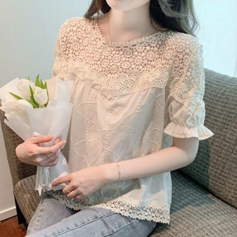 Navava Women Romantic Lace Round Neck Short Sleeve Blouse Nb2572