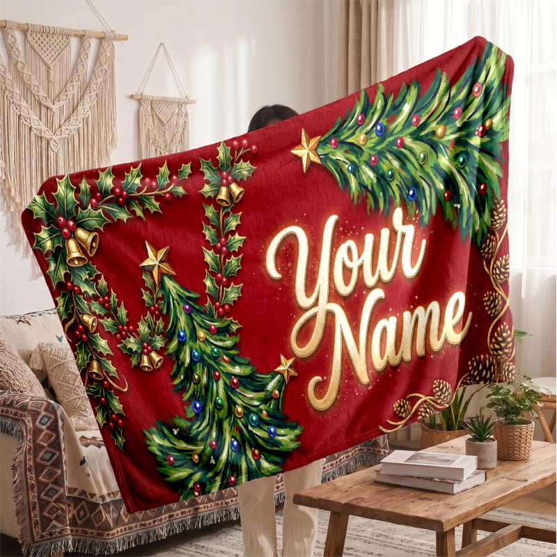 Couverture en Flanelle Personnalisée avec Nom Imprimé de Noël Confort Chaud Jeté de Lit Décoration de Maison Cadeau de Fête