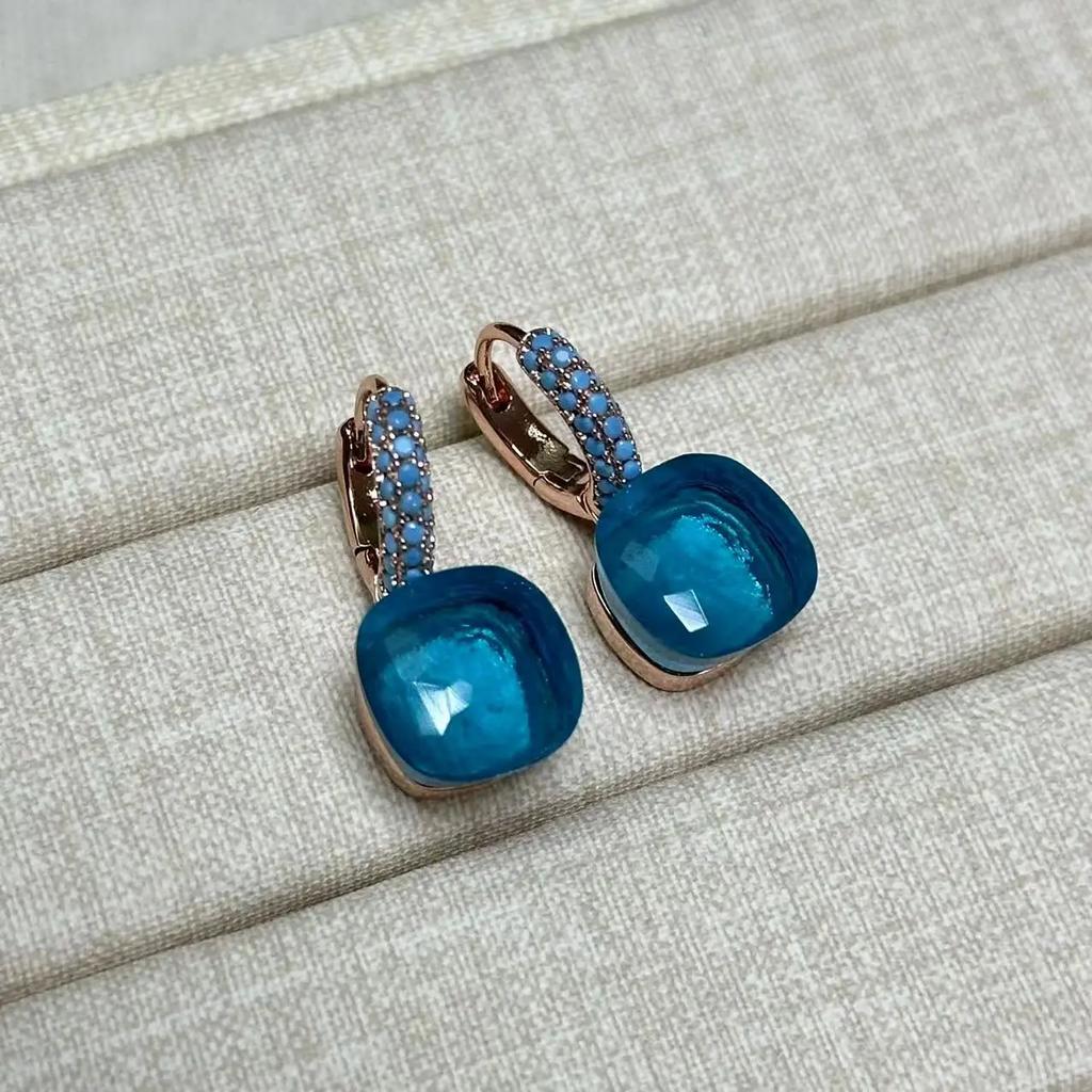Boucles d'oreilles Nudo 10,6 mm Incrustées de Turquoise Zircon Pour Femmes Topaze Bleue Pendantes Carrées en Cristal Boucle d'oreille Bijoux de Mode Cadeau