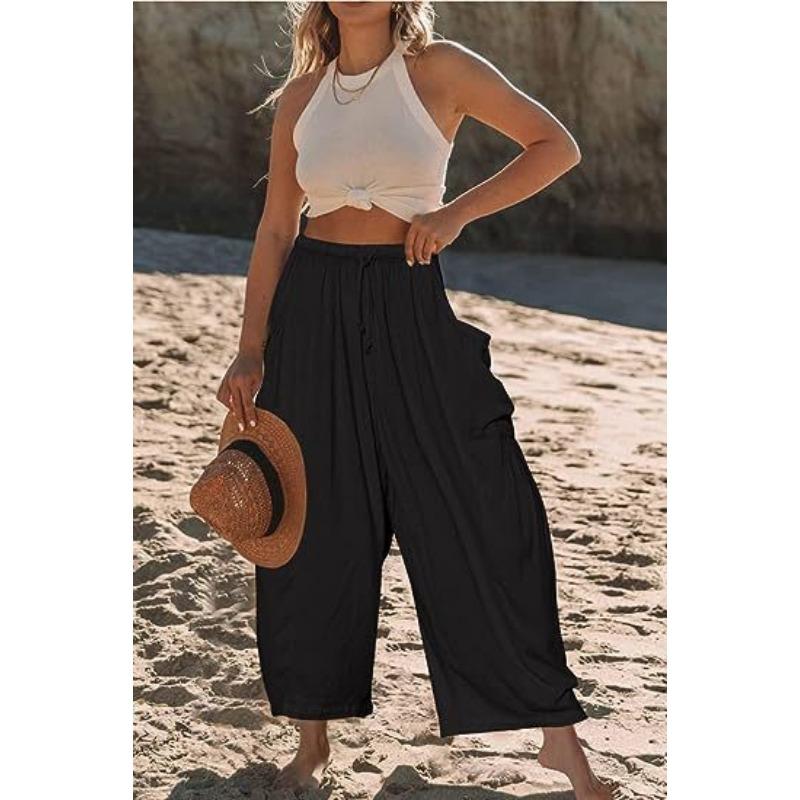 Women High Waist Pleated Wide Leg Casual Cropped Loose Trousers S чёрный