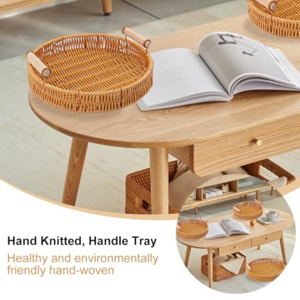 Rattan Tray Round Woven Basket For Serving Bread Portable Serving Tray With Handles Handwoven Rattan Round Shape For Restaurants