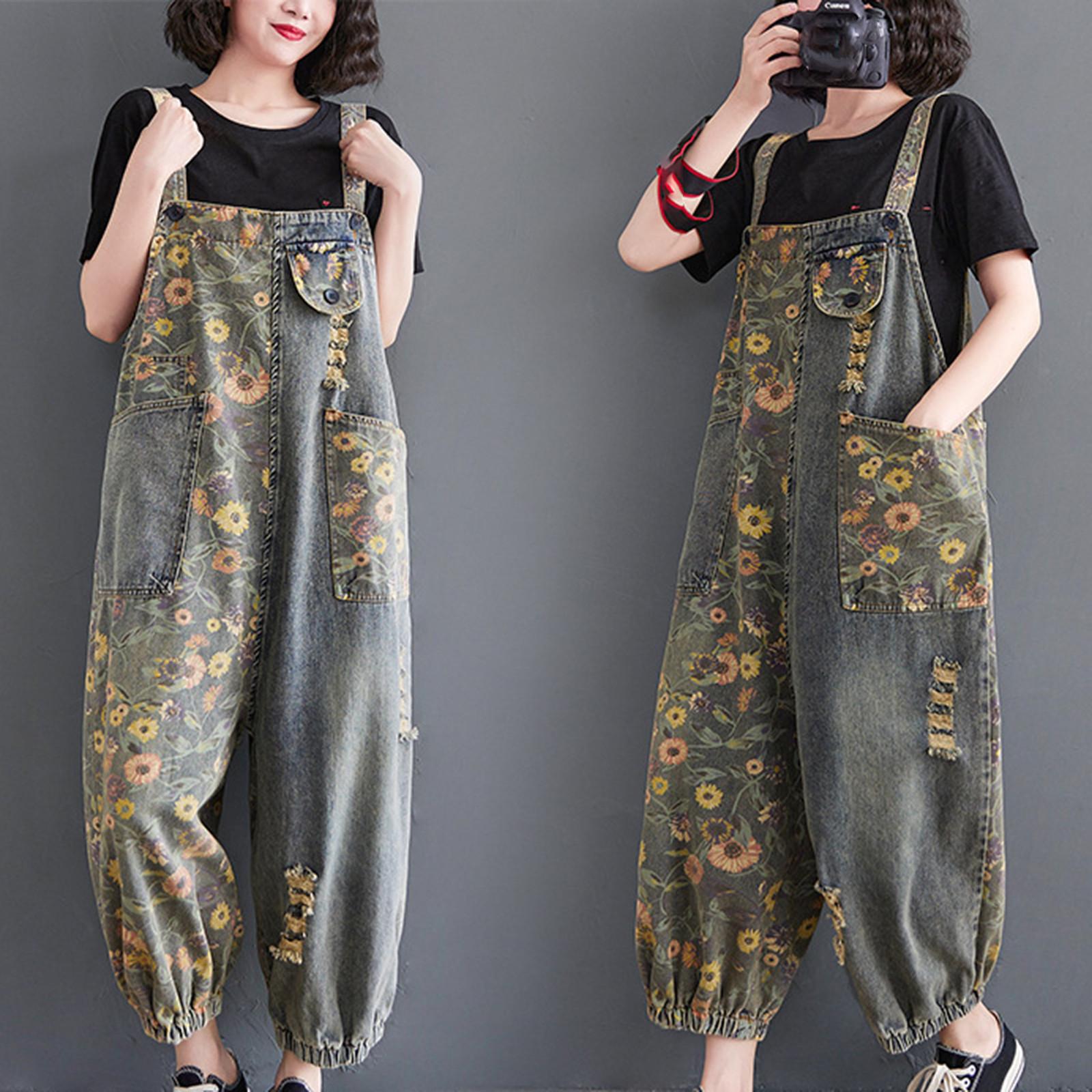 

Женский модный винтажный джинсовый комбинезон с брюками сзади и принтом XXL