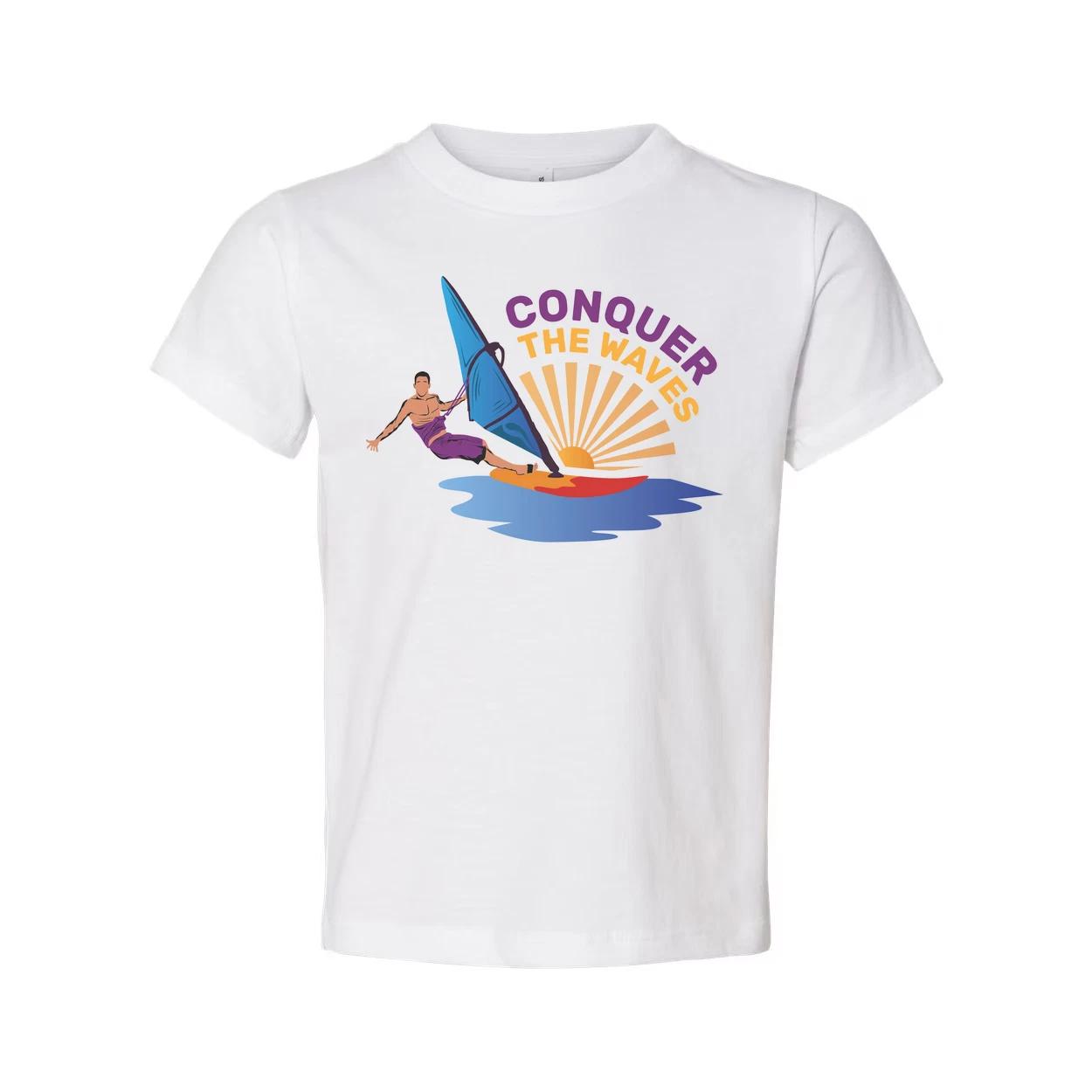 

Unisex Windsurfing Graphic Tee Conquer The Waves Sunset Ocean Design For Beach A XL