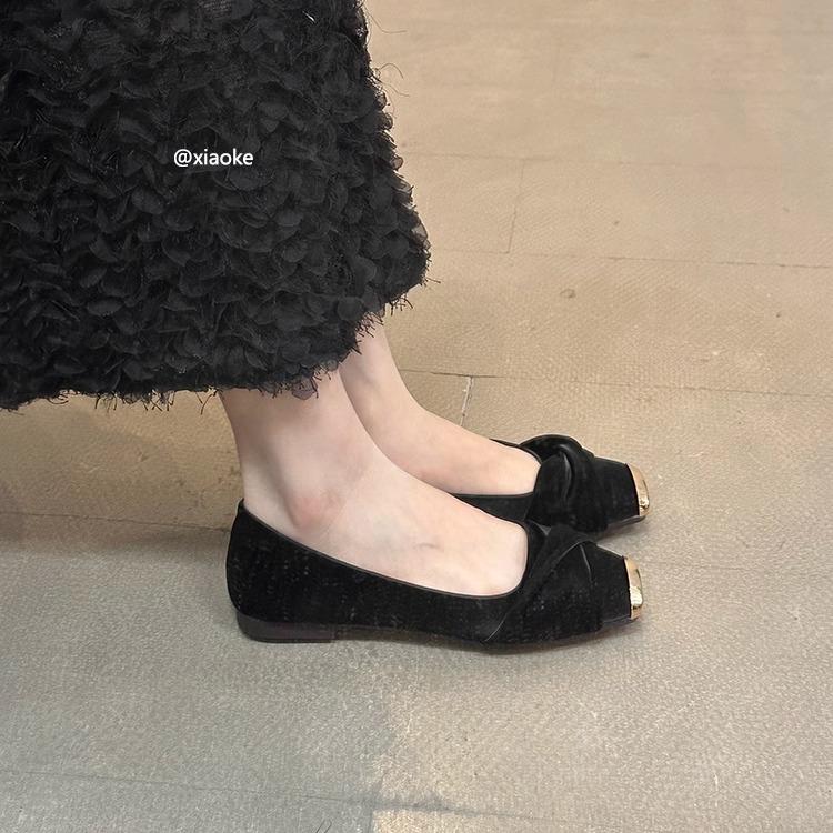 Spring 2025 new French temperament with skirt single shoes female light mouth fairy style satin square head flat bottom ladyshoes